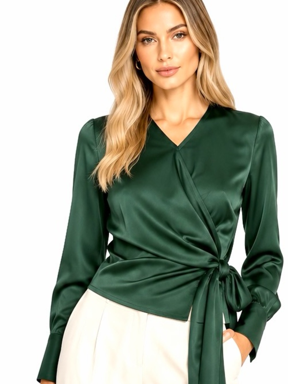 Portrait Dark Emerald Green Satin faux Wrap Tie Blouse Long Sleeve Size S